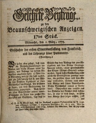 Braunschweigische Anzeigen. Gelehrte Beyträge zu den Braunschweigischen Anzeigen (Braunschweigische Anzeigen) Mittwoch 1. März 1775