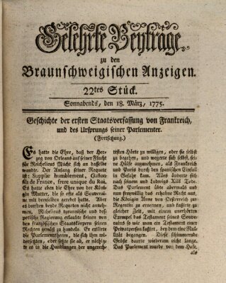 Braunschweigische Anzeigen. Gelehrte Beyträge zu den Braunschweigischen Anzeigen (Braunschweigische Anzeigen) Samstag 18. März 1775