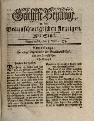 Braunschweigische Anzeigen. Gelehrte Beyträge zu den Braunschweigischen Anzeigen (Braunschweigische Anzeigen) Samstag 8. April 1775