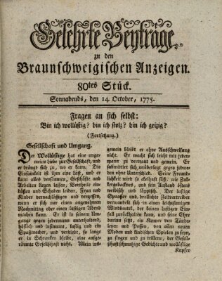 Braunschweigische Anzeigen. Gelehrte Beyträge zu den Braunschweigischen Anzeigen (Braunschweigische Anzeigen) Samstag 14. Oktober 1775