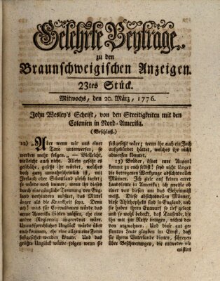 Braunschweigische Anzeigen. Gelehrte Beyträge zu den Braunschweigischen Anzeigen (Braunschweigische Anzeigen) Mittwoch 20. März 1776