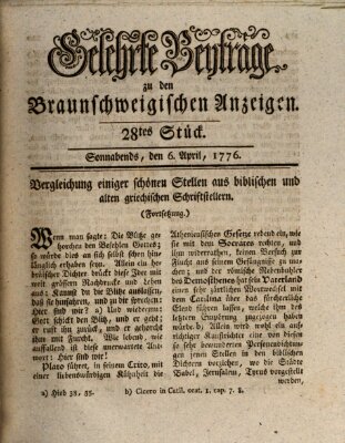 Braunschweigische Anzeigen. Gelehrte Beyträge zu den Braunschweigischen Anzeigen (Braunschweigische Anzeigen) Samstag 6. April 1776