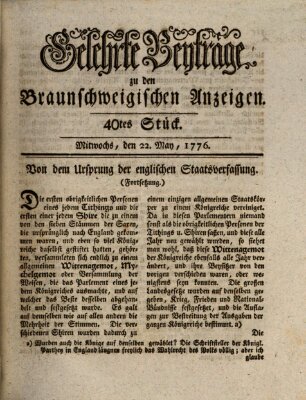 Braunschweigische Anzeigen. Gelehrte Beyträge zu den Braunschweigischen Anzeigen (Braunschweigische Anzeigen) Mittwoch 22. Mai 1776