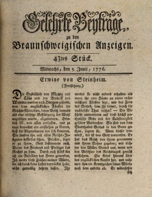 Braunschweigische Anzeigen. Gelehrte Beyträge zu den Braunschweigischen Anzeigen (Braunschweigische Anzeigen) Mittwoch 5. Juni 1776