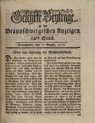 Braunschweigische Anzeigen. Gelehrte Beyträge zu den Braunschweigischen Anzeigen (Braunschweigische Anzeigen) Samstag 17. August 1776