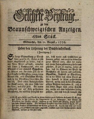 Braunschweigische Anzeigen. Gelehrte Beyträge zu den Braunschweigischen Anzeigen (Braunschweigische Anzeigen) Mittwoch 21. August 1776