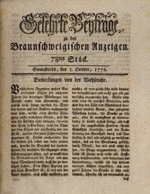 Braunschweigische Anzeigen. Gelehrte Beyträge zu den Braunschweigischen Anzeigen (Braunschweigische Anzeigen) Samstag 5. Oktober 1776