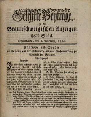 Braunschweigische Anzeigen. Gelehrte Beyträge zu den Braunschweigischen Anzeigen (Braunschweigische Anzeigen) Samstag 2. November 1776