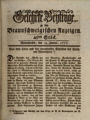 Braunschweigische Anzeigen. Gelehrte Beyträge zu den Braunschweigischen Anzeigen (Braunschweigische Anzeigen) Samstag 14. Juni 1777