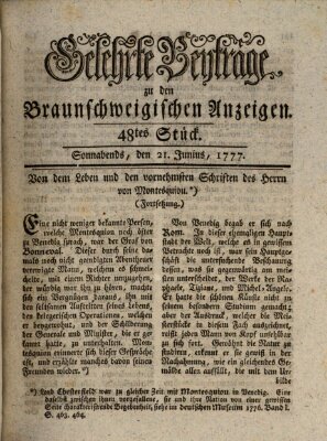 Braunschweigische Anzeigen. Gelehrte Beyträge zu den Braunschweigischen Anzeigen (Braunschweigische Anzeigen) Samstag 21. Juni 1777