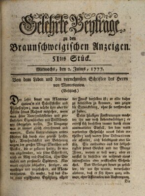 Braunschweigische Anzeigen. Gelehrte Beyträge zu den Braunschweigischen Anzeigen (Braunschweigische Anzeigen) Mittwoch 2. Juli 1777