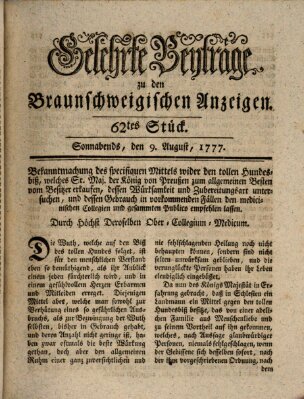 Braunschweigische Anzeigen. Gelehrte Beyträge zu den Braunschweigischen Anzeigen (Braunschweigische Anzeigen) Samstag 9. August 1777