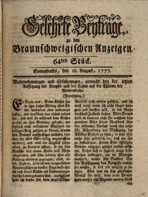 Braunschweigische Anzeigen. Gelehrte Beyträge zu den Braunschweigischen Anzeigen (Braunschweigische Anzeigen) Samstag 16. August 1777