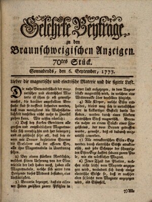 Braunschweigische Anzeigen. Gelehrte Beyträge zu den Braunschweigischen Anzeigen (Braunschweigische Anzeigen) Samstag 6. September 1777