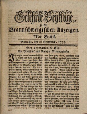 Braunschweigische Anzeigen. Gelehrte Beyträge zu den Braunschweigischen Anzeigen (Braunschweigische Anzeigen) Mittwoch 10. September 1777