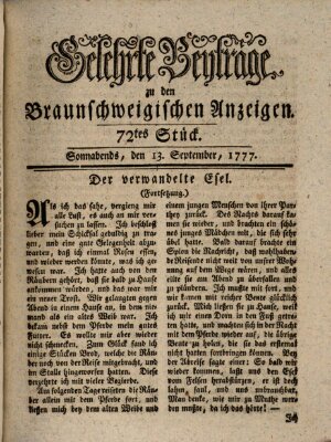 Braunschweigische Anzeigen. Gelehrte Beyträge zu den Braunschweigischen Anzeigen (Braunschweigische Anzeigen) Samstag 13. September 1777