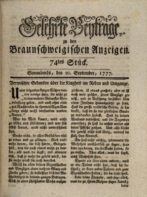 Braunschweigische Anzeigen. Gelehrte Beyträge zu den Braunschweigischen Anzeigen (Braunschweigische Anzeigen) Samstag 20. September 1777