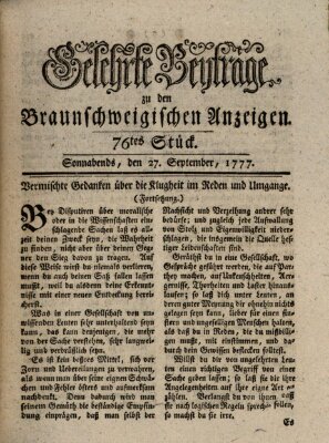 Braunschweigische Anzeigen. Gelehrte Beyträge zu den Braunschweigischen Anzeigen (Braunschweigische Anzeigen) Samstag 27. September 1777