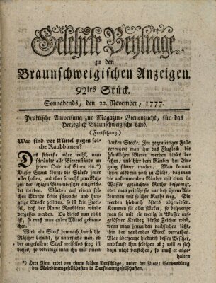 Braunschweigische Anzeigen. Gelehrte Beyträge zu den Braunschweigischen Anzeigen (Braunschweigische Anzeigen) Samstag 22. November 1777