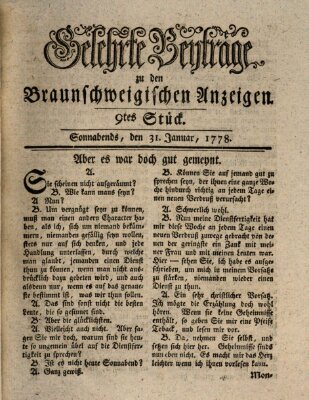 Braunschweigische Anzeigen. Gelehrte Beyträge zu den Braunschweigischen Anzeigen (Braunschweigische Anzeigen) Samstag 31. Januar 1778