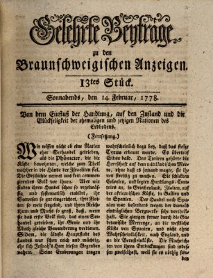 Braunschweigische Anzeigen. Gelehrte Beyträge zu den Braunschweigischen Anzeigen (Braunschweigische Anzeigen) Samstag 14. Februar 1778