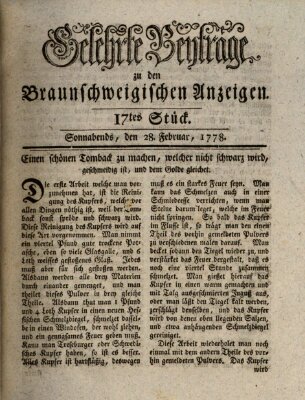 Braunschweigische Anzeigen. Gelehrte Beyträge zu den Braunschweigischen Anzeigen (Braunschweigische Anzeigen) Samstag 28. Februar 1778