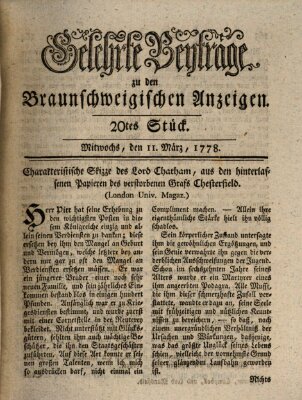 Braunschweigische Anzeigen. Gelehrte Beyträge zu den Braunschweigischen Anzeigen (Braunschweigische Anzeigen) Mittwoch 11. März 1778