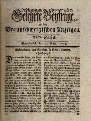 Braunschweigische Anzeigen. Gelehrte Beyträge zu den Braunschweigischen Anzeigen (Braunschweigische Anzeigen) Samstag 21. März 1778