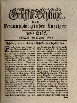 Braunschweigische Anzeigen. Gelehrte Beyträge zu den Braunschweigischen Anzeigen (Braunschweigische Anzeigen) Mittwoch 1. April 1778