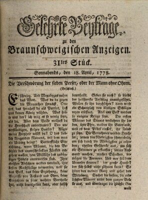 Braunschweigische Anzeigen. Gelehrte Beyträge zu den Braunschweigischen Anzeigen (Braunschweigische Anzeigen) Samstag 18. April 1778