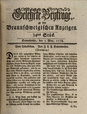 Braunschweigische Anzeigen. Gelehrte Beyträge zu den Braunschweigischen Anzeigen (Braunschweigische Anzeigen) Samstag 2. Mai 1778