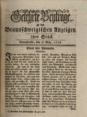 Braunschweigische Anzeigen. Gelehrte Beyträge zu den Braunschweigischen Anzeigen (Braunschweigische Anzeigen) Samstag 16. Mai 1778