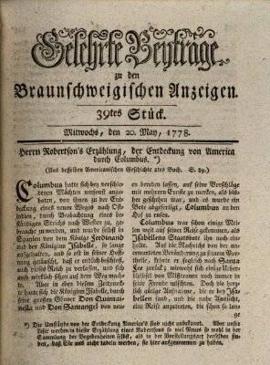 Braunschweigische Anzeigen. Gelehrte Beyträge zu den Braunschweigischen Anzeigen (Braunschweigische Anzeigen) Mittwoch 20. Mai 1778