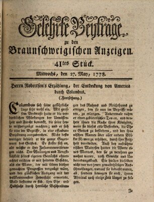 Braunschweigische Anzeigen. Gelehrte Beyträge zu den Braunschweigischen Anzeigen (Braunschweigische Anzeigen) Mittwoch 27. Mai 1778