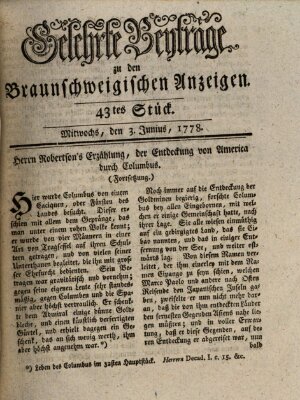 Braunschweigische Anzeigen. Gelehrte Beyträge zu den Braunschweigischen Anzeigen (Braunschweigische Anzeigen) Mittwoch 3. Juni 1778