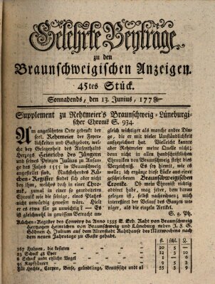 Braunschweigische Anzeigen. Gelehrte Beyträge zu den Braunschweigischen Anzeigen (Braunschweigische Anzeigen) Samstag 13. Juni 1778