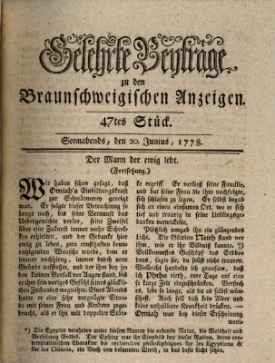 Braunschweigische Anzeigen. Gelehrte Beyträge zu den Braunschweigischen Anzeigen (Braunschweigische Anzeigen) Samstag 20. Juni 1778