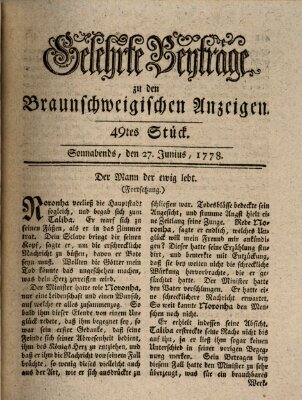 Braunschweigische Anzeigen. Gelehrte Beyträge zu den Braunschweigischen Anzeigen (Braunschweigische Anzeigen) Samstag 27. Juni 1778