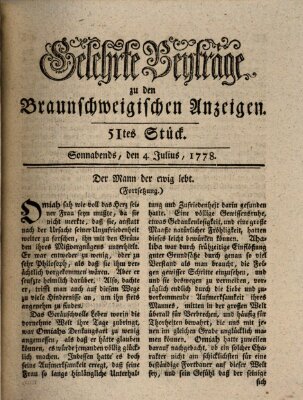 Braunschweigische Anzeigen. Gelehrte Beyträge zu den Braunschweigischen Anzeigen (Braunschweigische Anzeigen) Samstag 4. Juli 1778