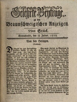 Braunschweigische Anzeigen. Gelehrte Beyträge zu den Braunschweigischen Anzeigen (Braunschweigische Anzeigen) Samstag 18. Juli 1778