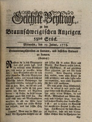 Braunschweigische Anzeigen. Gelehrte Beyträge zu den Braunschweigischen Anzeigen (Braunschweigische Anzeigen) Mittwoch 29. Juli 1778