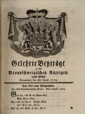 Braunschweigische Anzeigen. Gelehrte Beyträge zu den Braunschweigischen Anzeigen (Braunschweigische Anzeigen) Samstag 1. August 1778