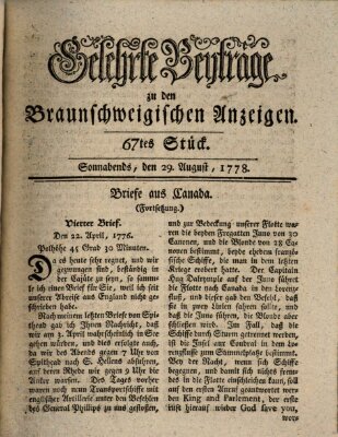 Braunschweigische Anzeigen. Gelehrte Beyträge zu den Braunschweigischen Anzeigen (Braunschweigische Anzeigen) Samstag 29. August 1778