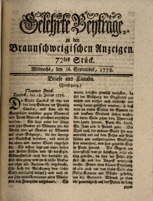 Braunschweigische Anzeigen. Gelehrte Beyträge zu den Braunschweigischen Anzeigen (Braunschweigische Anzeigen) Mittwoch 16. September 1778