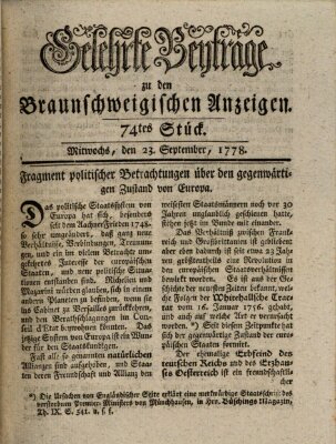 Braunschweigische Anzeigen. Gelehrte Beyträge zu den Braunschweigischen Anzeigen (Braunschweigische Anzeigen) Mittwoch 23. September 1778