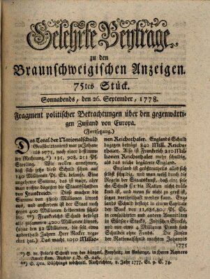 Braunschweigische Anzeigen. Gelehrte Beyträge zu den Braunschweigischen Anzeigen (Braunschweigische Anzeigen) Samstag 26. September 1778