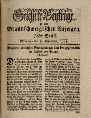 Braunschweigische Anzeigen. Gelehrte Beyträge zu den Braunschweigischen Anzeigen (Braunschweigische Anzeigen) Mittwoch 30. September 1778