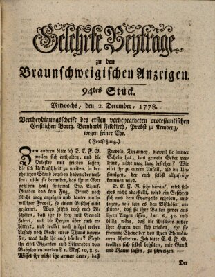 Braunschweigische Anzeigen. Gelehrte Beyträge zu den Braunschweigischen Anzeigen (Braunschweigische Anzeigen) Mittwoch 2. Dezember 1778