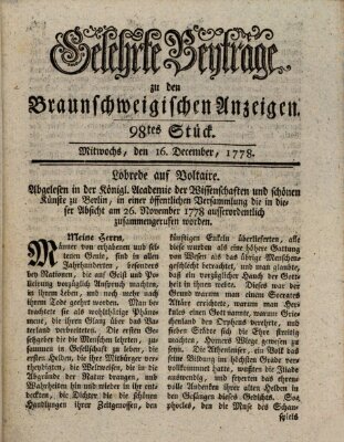 Braunschweigische Anzeigen. Gelehrte Beyträge zu den Braunschweigischen Anzeigen (Braunschweigische Anzeigen) Mittwoch 16. Dezember 1778