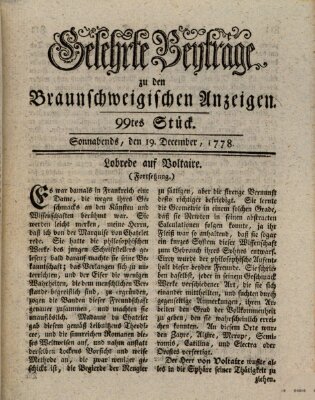 Braunschweigische Anzeigen. Gelehrte Beyträge zu den Braunschweigischen Anzeigen (Braunschweigische Anzeigen) Samstag 19. Dezember 1778